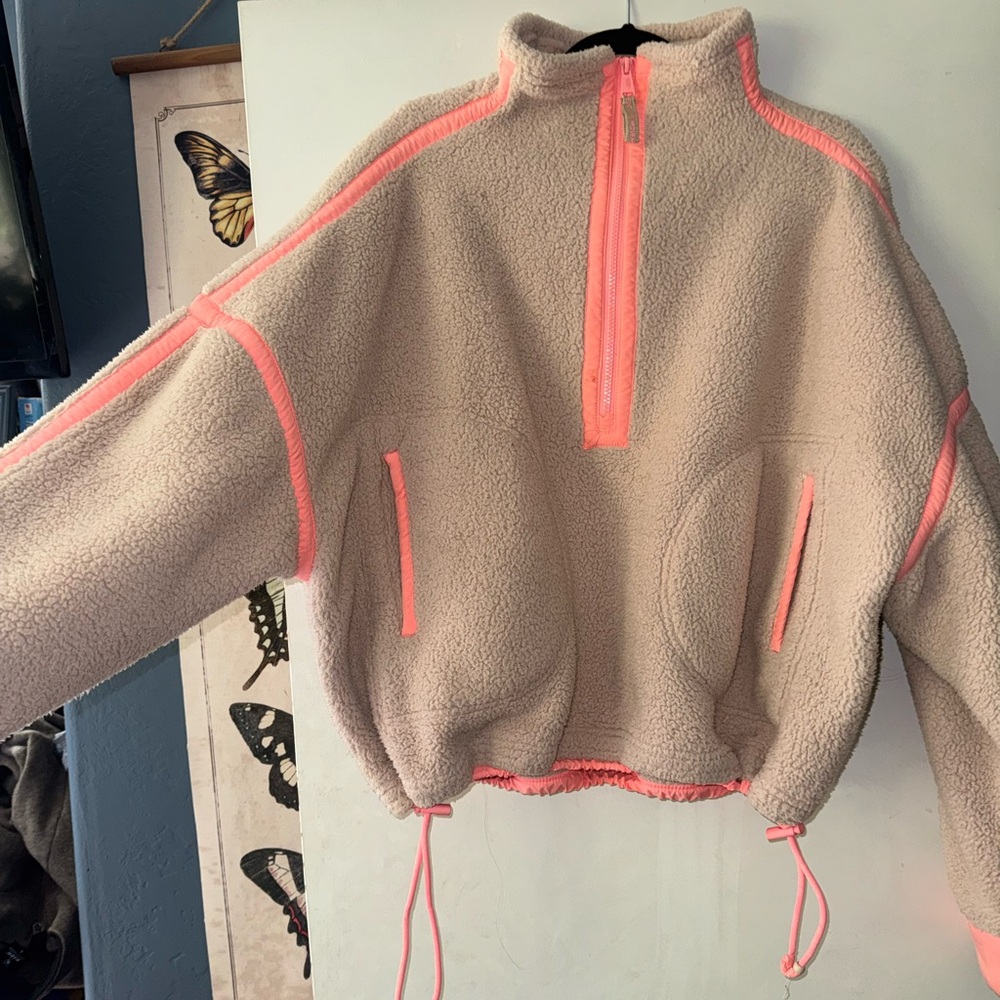 Free People Cream and Pink Fleece Jacket